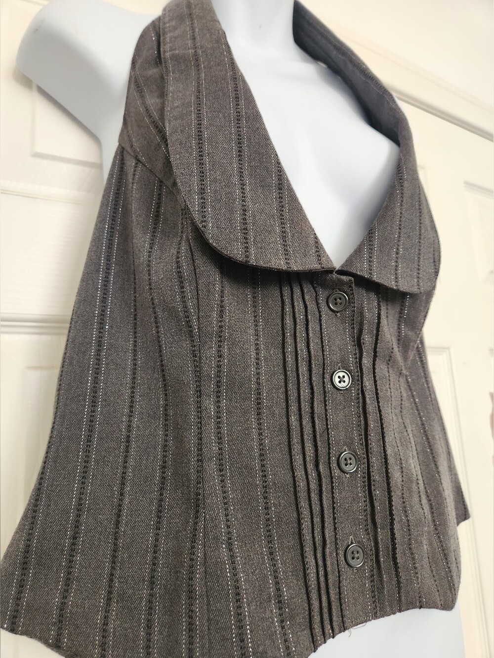 Women's Gray Pinstripe Halter Vest Top - Picture 2 of 4